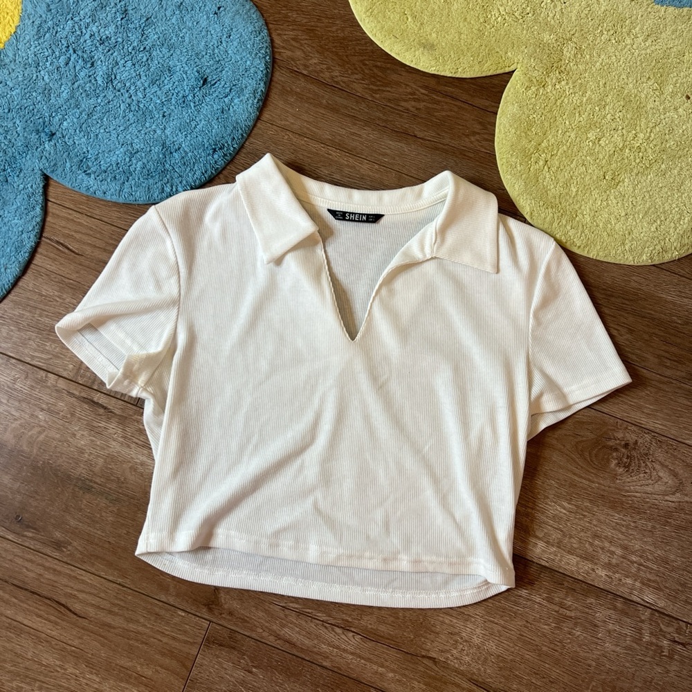 SHEIN Cream Collared V-Neck Top